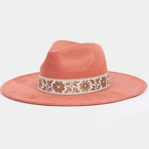 Embroidered Flower Band Felt Fedora Hat